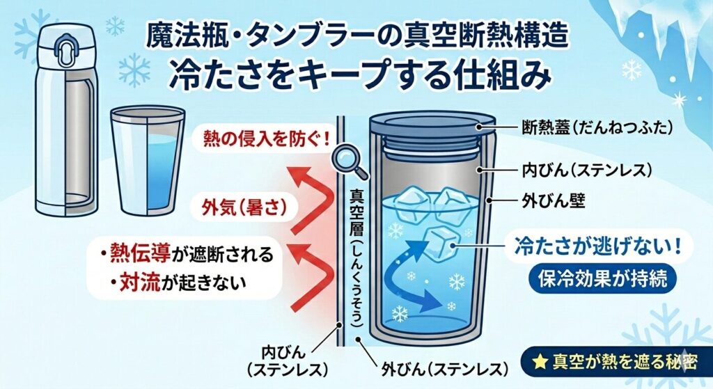 真空断熱構造が冷たさをキープする仕組みのイメージ図